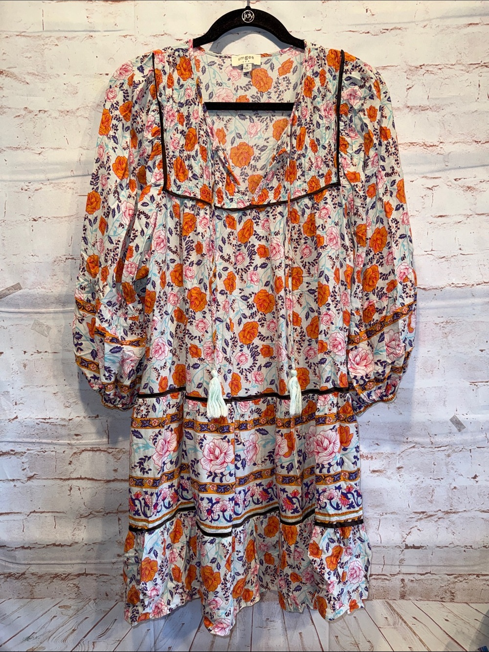 Umgee Cream Mini tunic Dress Orange Pink Floral Print boho v neck pullover Med